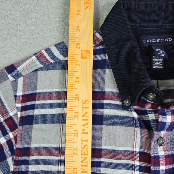 Lands' End Flannel Button Shirt Men's Medium Gray Plaid Corduroy Collar Workwear - Picture 8 of 10
